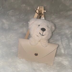Ivory Plush Bear Keychain with Cream Faux Leather Pouch Bag Card Holder Charm